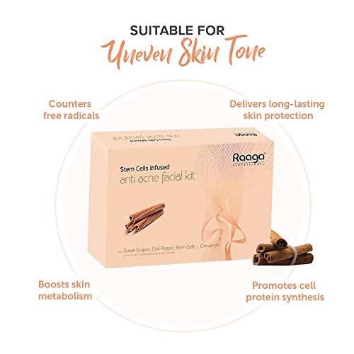 Raaga Professional Stem Cells Infused Anti Acne 6 Step Facial Kit | Cinnamon, Green Grapes, Chilli Pepper Stem Cells | Fights Inflammation | All Skin Types (61 gm)