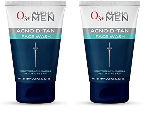 O3+ ALPHA MEN Acno D-TAN Face Wash with Hyaluronic & Mint | Fights Blackheads & Detoxifies Skin, 50ml (Pack of 2)
