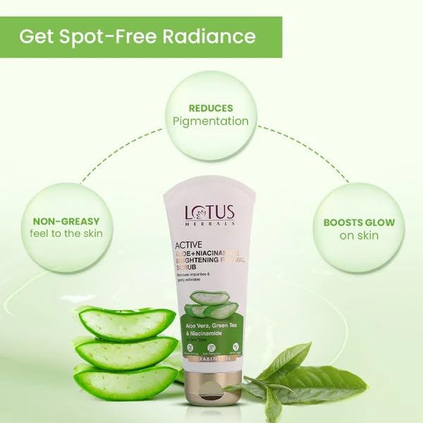 Lotus Herbals Active Aloe + Niacinamide Brightening Boost Mist 50g, Night Gel 50g Face Wash 100g, Scrub 100g Set of 4