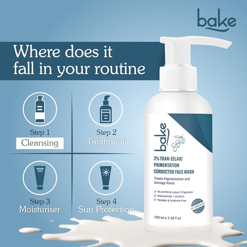 BAKE 2% Tran-Zelaic Pigmentation Corrector Milky Face Wash | For Pigmentation, Dark Spots & Tan Removal | Unclogs Pores | All Skin Types | Removes Blackheads & Whiteheads - 100ml