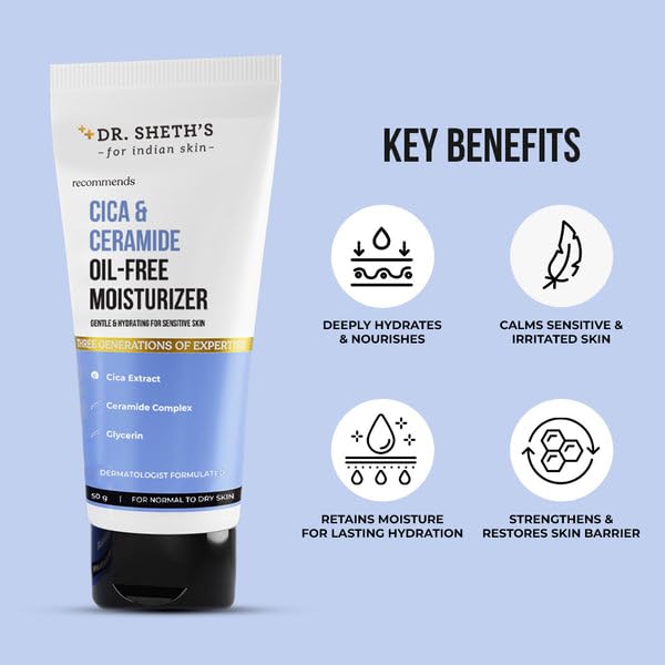 Dr. Sheth's Cica & Ceramide Oil-Free Moisturizer | Barrier Repairing & Hydrating | Lightweight Moisturiser |For Men & Women | 50g