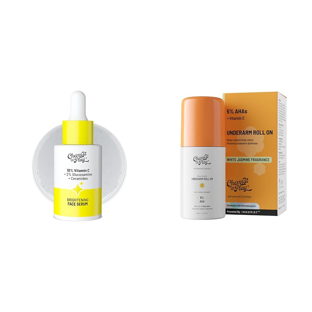 Chemist At Play 10% Vitamin C Face SerumFor All Skin Types 30ml + UnderArm Roll-On Deodorant with 5% AHA, Lactic Acid & 1% Mandelic Acid Vegan | SLS Free | 40ml