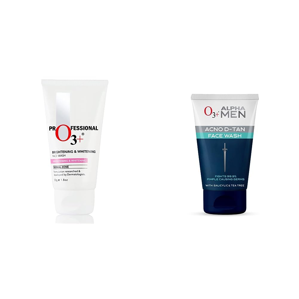 O3+ Brightening and Whitening Face Wash, 50g & O3+ ALPHA MEN Acno D-TAN Face Wash with Tea Tree 100g for Oily Skin Combo