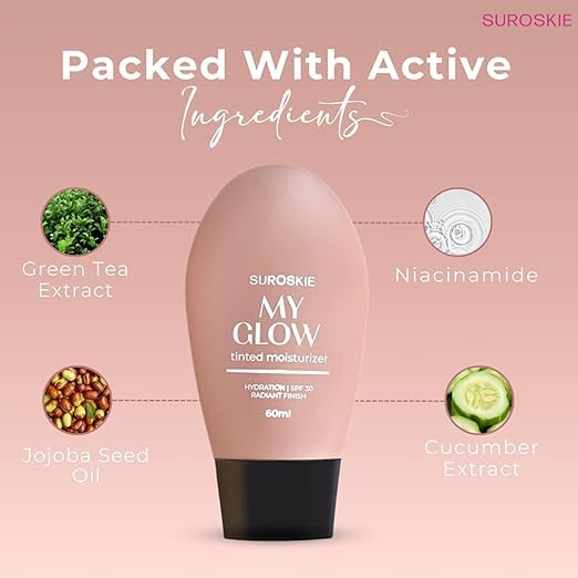 Suroskie My Glow All-In-One Tinted Sunscreen Spf 30 Moisturizer 60 Ml Medium Shade | Natural Glowy Finish | Intense Hydration & Uva/Uvb Protection | Sweat Resistant | Niacinamide Cream For Men & Women