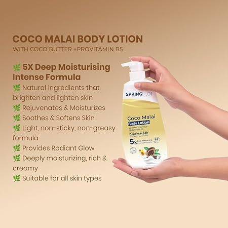 Spring H2O Coco Malai Body Lotion | Deep Moisturizing with Cocoa Butter & Pro-Vitamin B5 | Skin Whitening & Hydrating Formula | 400ml Nourishing Body Cream