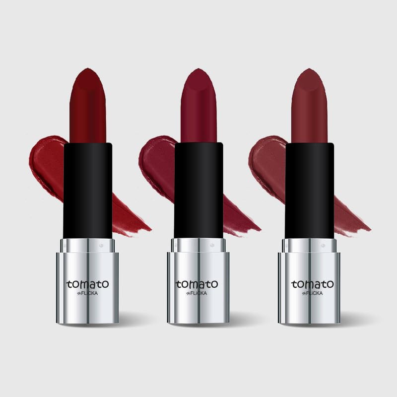 FLiCKA Tomato Bullet Matte Lipstick (Pack Of 3) | Hydrating, Moisturizing, Upto 6Hrs Long Lasting| Transfer & Smudge Proof Lipsticks For Women, Shade - 08