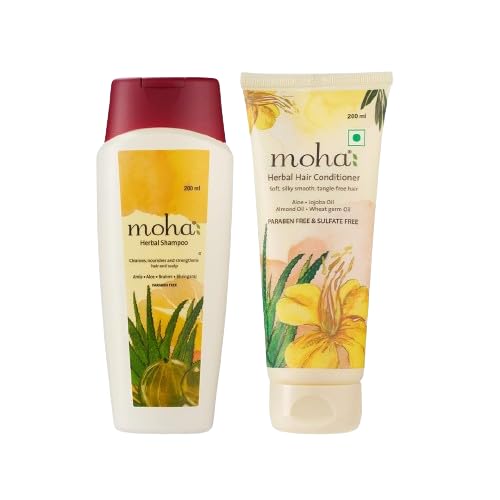 moha: Herbal Hair Shampoo | Mild Shampoo For All Hair Types 200 ml And Herbal Hair Conditioner For Men & Women 200 Ml | silky smooth hair, Jojoba Oil, Almond Oil (Shampoo and Hair Conditioner Combo)