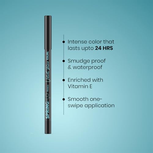 Spring H2O Velvet Shine Kajal Pencil Intense Black | With Avacado Oil and Vitamin E | Longlasting Waterproof and Sumdgeproof | Suitable for Sensitive Eyes | Includes Sharpener- 1.5gm