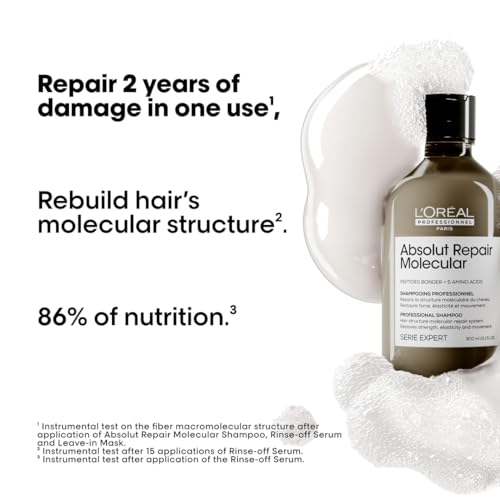 L'Oréal Professionnel Absolut Repair Molecular Sulfate-Free Deep Repairing Shampoo for Damaged Hair - 300 ml | Repairs Very Damaged Hair and Restores Strength With 2% Peptides Bonder & 5 Amino Acids