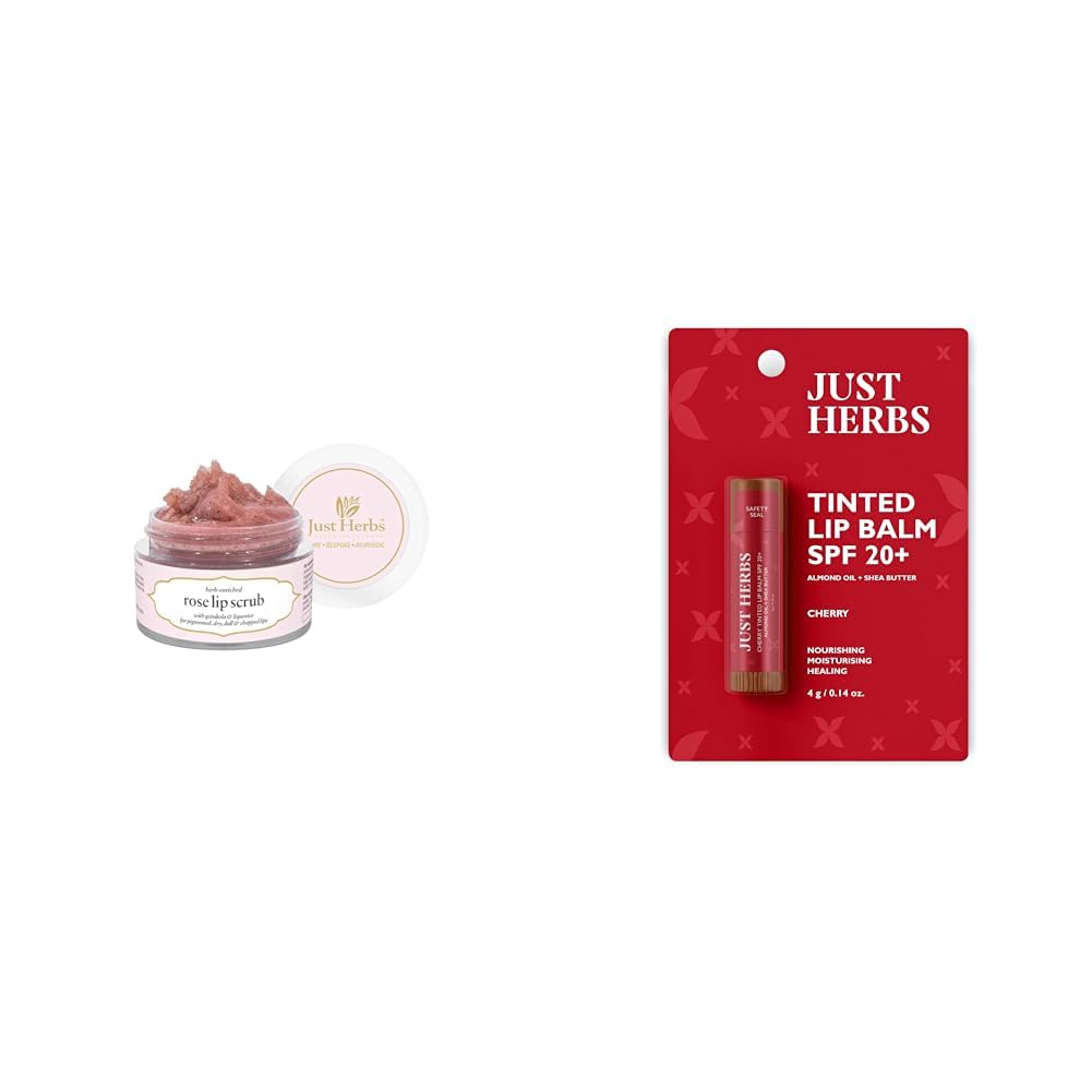 Just Herbs Ayurvedic Rose Lip Scrub For Dry & Just Herbs Tinted Lip Balm for Men and Women with SPF 20+ for Dark Lips to Lighten 4 g (Cherry) Combo