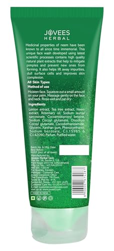 Jovees Herbal Neem Face Wash For Clear Skin with Neem & Tea Tree Ext | Gentle For Oily & Acne-Prone Skin | Controls Oil, Pimples and Dark Spots | Acne Control Cleanser For All Skin Type - 50ml