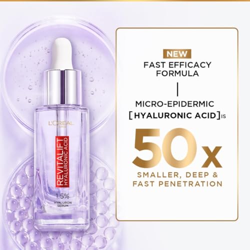 L’Oréal Paris Revitalift Serum, Hydrating and Plumping, With 1.5% Hyaluronic Acid, 15ml & Hyaluronic Acid Line Filling Water Cream 15ml & Revitalift Gel Cleanser 100 ml 3 Step Combo