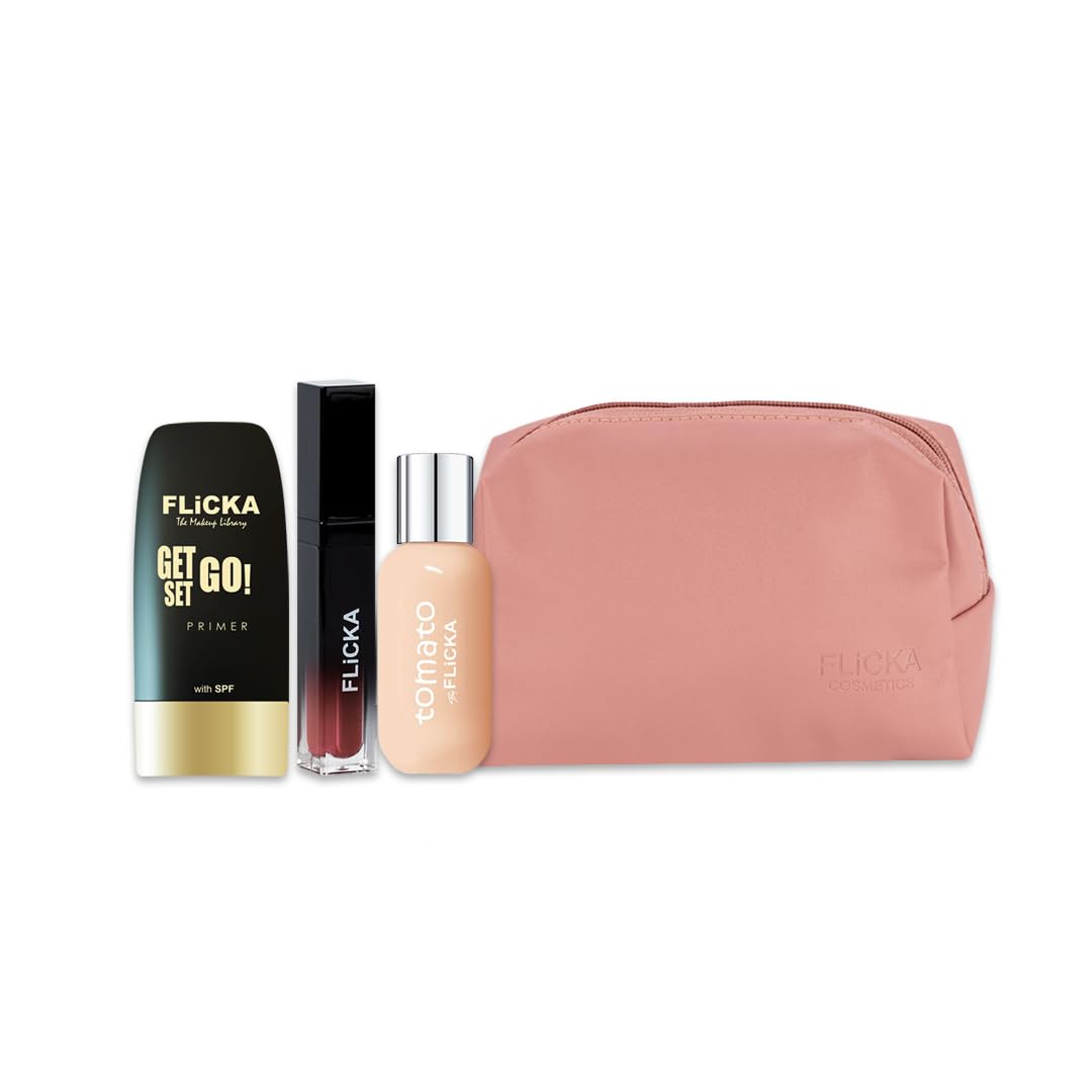 FLiCKA Wedding & Anniversary Gift Makeup Kit Box Combo Pack | Primer, Set & Attack Lipsticks, Tomato Foundation and Pouch (Free) | Best Gift hamper for Sister, Girlfriend, Wife, Mother