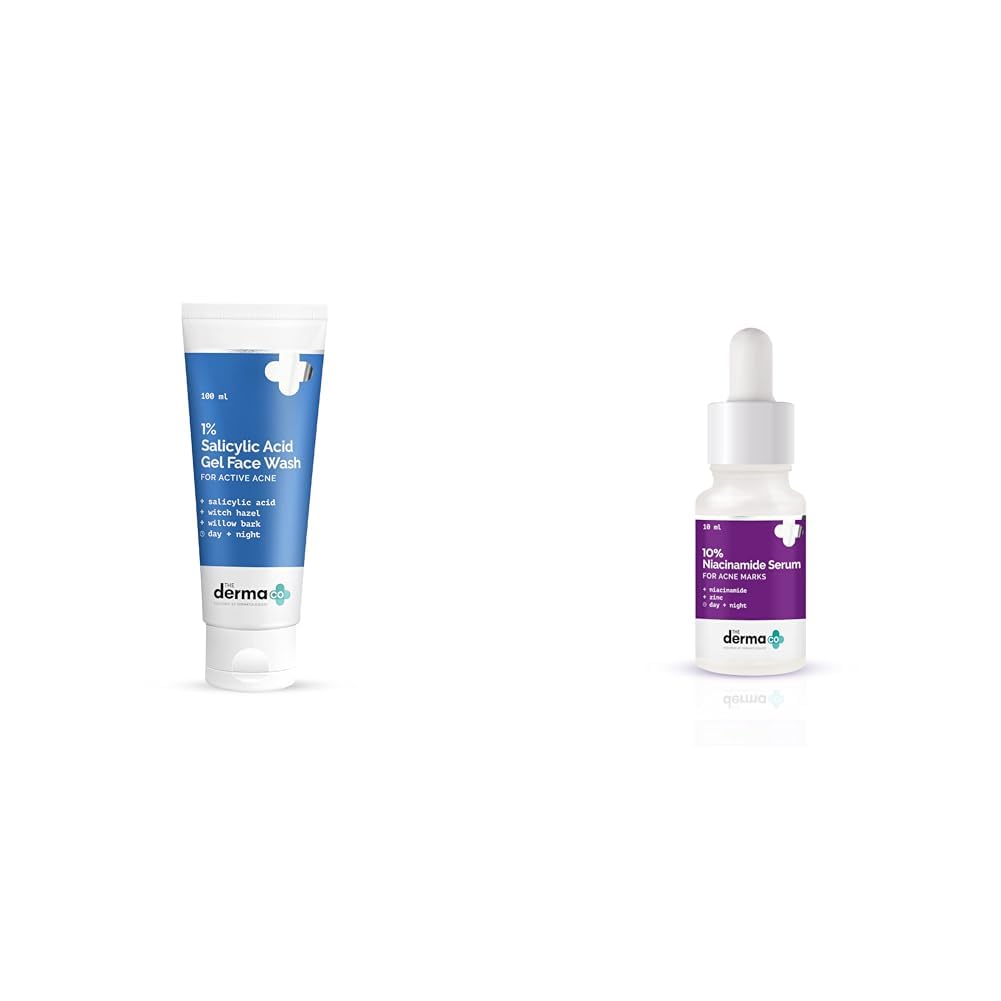 The Derma Co 1% Salicylic Acid Gel Face Wash With Salicylic Acid & Witch Hazel For Active Acne &The Derma Co 10% Niacinamide Face Serum For Acne Marks & Acne Prone Skin For Unisex, 10ml