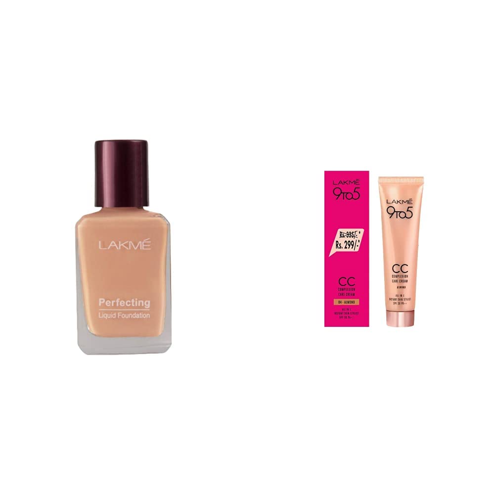 Lakmé Perfecting Liquid Natural Foundation, Marble, 27Ml & Lakm?© 9 To 5 Complexion Care Cc Cream Light Coverage for Acne Prone Skin, Almond, 30G