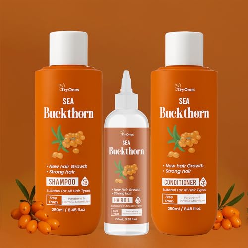 TryOnes Sea Buckthorn Hair Care Combo | Shampoo (250ml) + Conditioner (250ml) + Hair Oil (100ml) | Promotes New Hair Growth, Strengthens Hair | Paraben & Chemical-Free | For All Hair Types