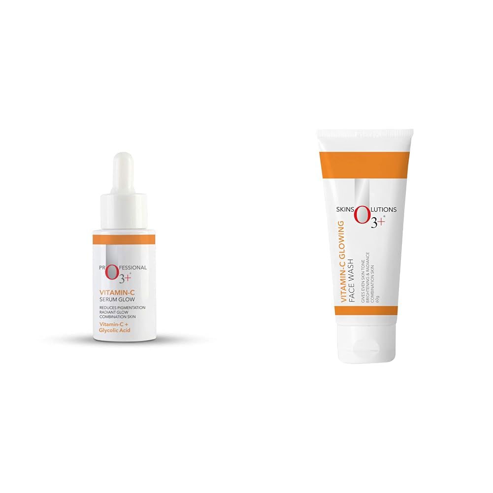 O3+ Vitamin C Serum Glow- Face & Neck Serum- Combination Skin-30ml & O3+ Vitamin C Face Wash Glow For Daily Brightening & Gentle Cleansing 60g Combo