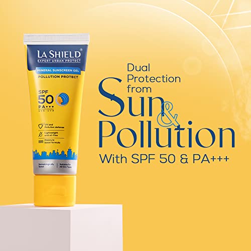 La Shield Pollution Protect SPF 50 Mineral Sunscreen Gel | PA+++ | Lightweight & Oil free | Moisture boost formula | Water resistant| All Skin types |Dermatologist Tested | 50g (Pack of 4)