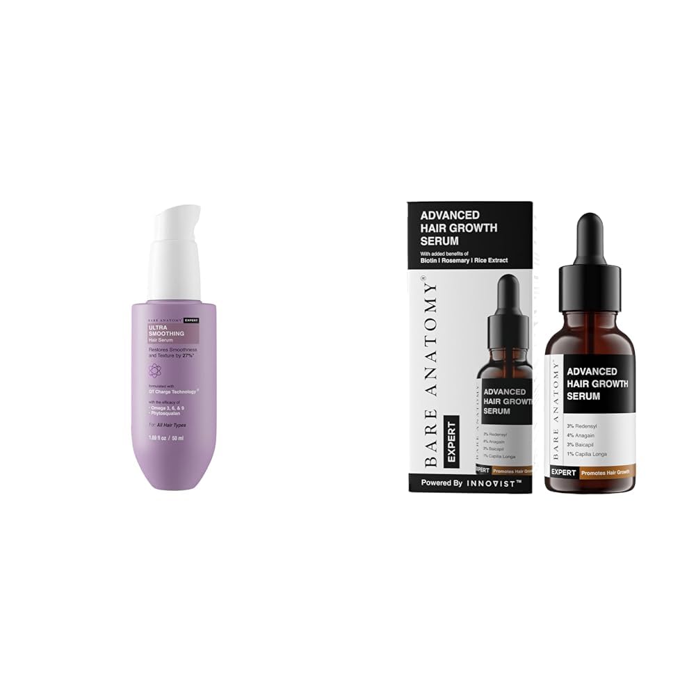 Bare AnatomyUltra Smoothing Hair Serum For Dry & Frizzy Hair | 50ml + Advanced Hair Growth Serum | 3% Redensyl + 4% Anagain + 3% Baicapil + 1% Capilia Longa, Rosemary, Biotin 30ml