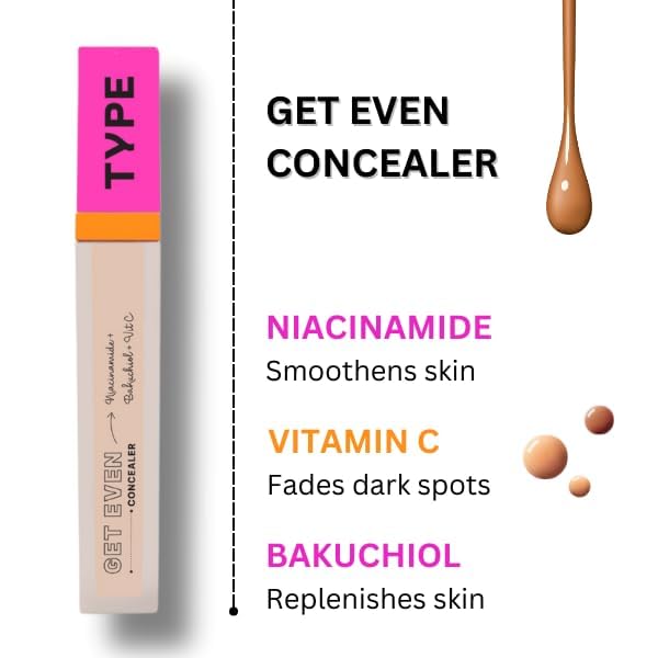 TYPE BEAUTY INC. Get Even Waterproof Concealer For Face Makeup with Vitamin C, Niacinamide & Bakuchiol | Reduces Dark Spots & Pigmentation | Crease Free | For Women & Men - Biscotti (20) | 8 ML