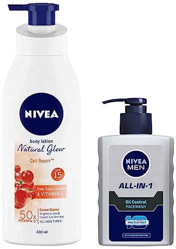 Nivea Body Lotion, Extra Whitening Cell Repair SPF 15, For All Skin Types, 400ml & Men Face Wash, Oil Control, 10x Vitamin C, 150ml