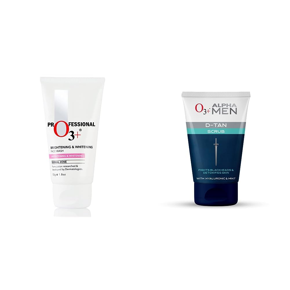 O3+ Brightening and Whitening Face Wash, 50g & O3+ ALPHA MEN Acno D-TAN Scrub With Hyaluronic & Mint 50g - Detan Scrub for TAN removal Combo