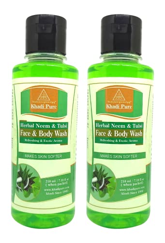 Khadi Pure Herbal Neem & Tulsi Face and Body Wash, 210 ml (Pack of 2),Green,KPNEEMTULSIBWX2