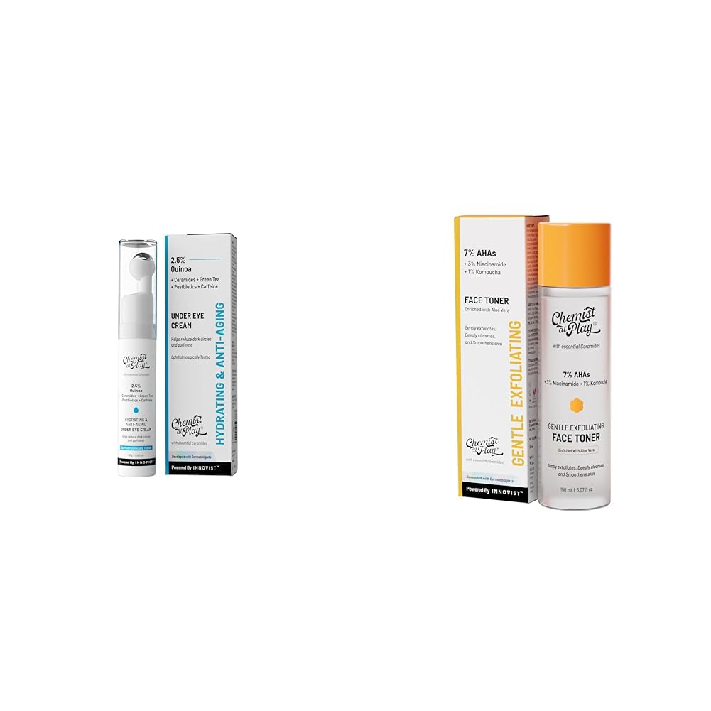 Chemist At Play Under Eye Cream with 2% Revital Eye & Quinoa Extract Cooling Gel & Roller for Men & Women | 15 g Glycolic Acid Face Toner for Gentle Exfoliation & Skin Hydration| 150ml