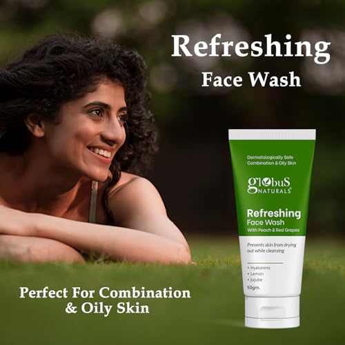 Globus Naturals Refreshing Face Wash with Peach & Red Grapes, For anti aging and moisturising, Suitable for Combination & Oily Skin 50gm