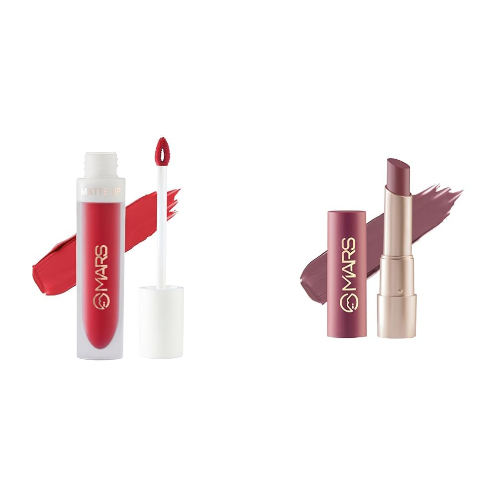MARS Matte Liquid Lip Color | Long Lasting | Non-Transfer & Waterproof Lipstick for Women (4.5 ml) (21-Red Luck) Creamy Matte Long Lasting Lipstick for Women (3.2 gm) (20-Grapeful Ghoomar)