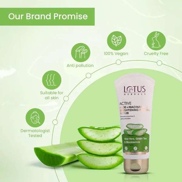 Lotus Herbals Active Aloe + Niacinamide Brightening Boost Mist 50g, Night Gel 50g Face Wash 100g, Scrub 100g Set of 4
