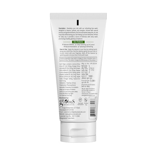 Globus Naturals Refreshing Face Wash with Peach & Red Grapes, For anti aging and moisturising, Suitable for Combination & Oily Skin 50gm