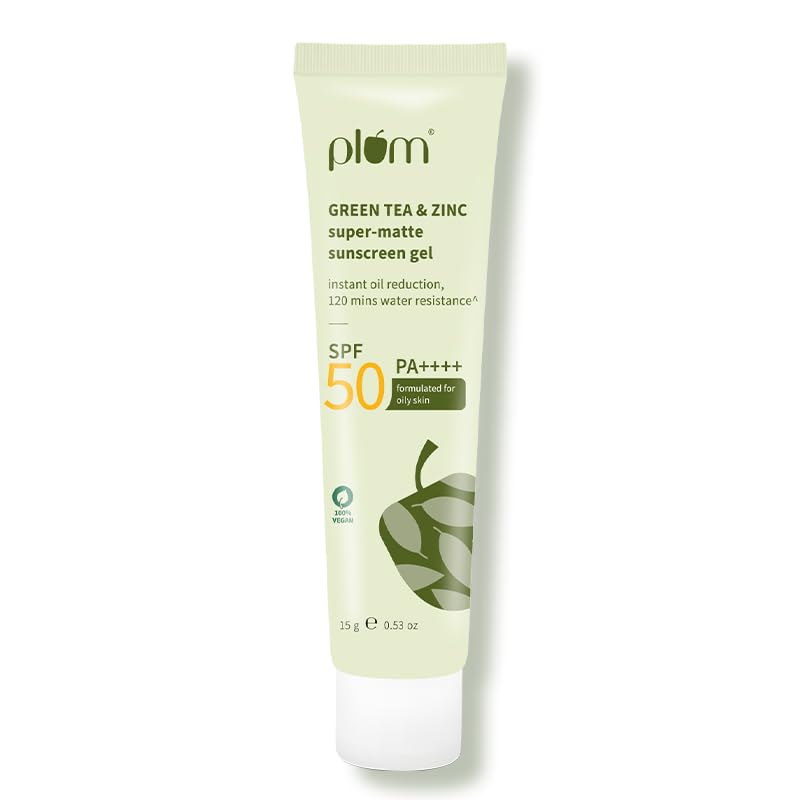 Plum Green Tea & Zinc Super-Matte Gel Sunscreen SPF 50 PA ++++ | Formulated for Oily, Combination and Acne Prone Skin | Protects & Controls Oil | Lightweight, No White Cast & Non-Sticky | Vegan | 15g