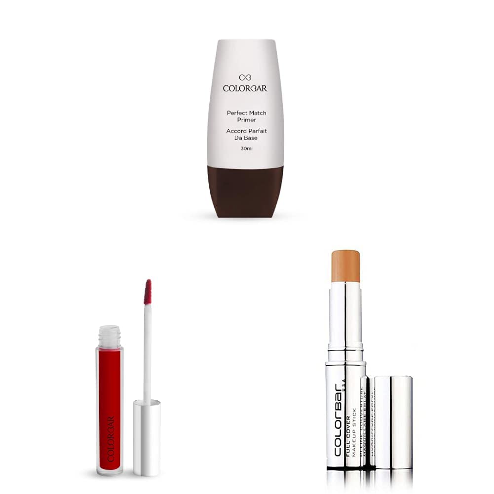Colorbar New Perfect Match Primer, 30ml & Colorbar Sindoor, Red, 3.8ml & Colorbar Full Cover Make Up Stick, SPF 30, Fresh Ivory, 9g
