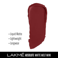 Lakmé Absolute Matte Melt Mini Liquid Lip Colour, Brown Souvenir, Velvet Matte Liquid Lipstick, Transfer Proof, Long Lasting, Lightweight, 2.4 ml