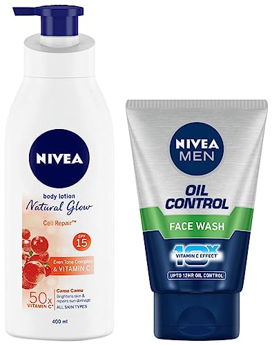 Nivea Body Lotion, Extra Whitening Cell Repair SPF 15, For All Skin Types, 400ml & Men Face Wash, Oil Control, 10x Vitamin C, 100g