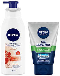 Nivea Body Lotion, Extra Whitening Cell Repair SPF 15, For All Skin Types, 400ml & Men Face Wash, Oil Control, 10x Vitamin C, 100g