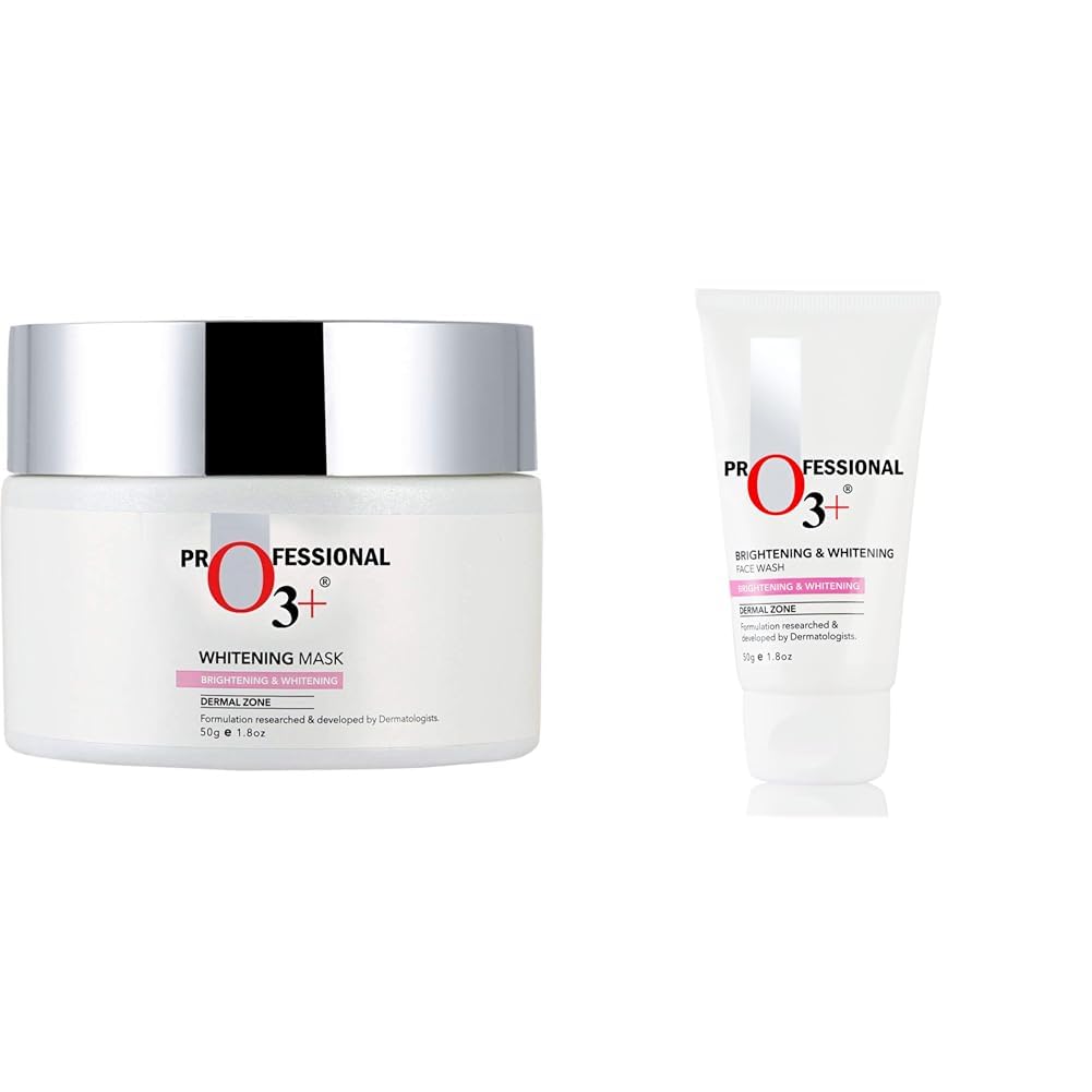 O3+ Whitening Mask for Skin Whitening, Tightening and Pigmentation Control - Infused with Natural Lavender and Cucumber Botanical Extracts (50g) & O3+ Brightening and Whitening Face Wash, 50g