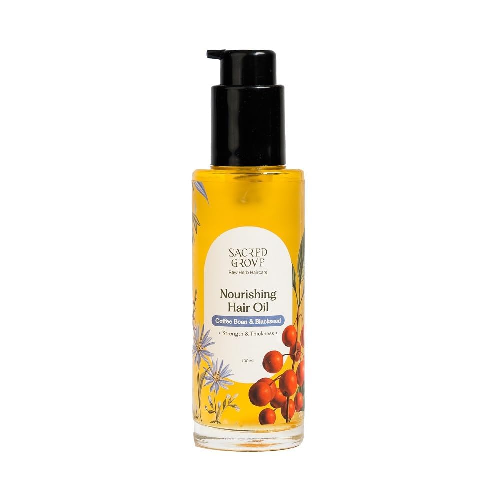 Sacred Grove Nourishing Oil | Improves Hair Texture & Prevents Split Ends | Coffee Bean, Blackseed & Safflower Oil | Made with 6 Potent Raw Herbs Oil | Makes Hair Strong, Shiny & Manageable | 100ml