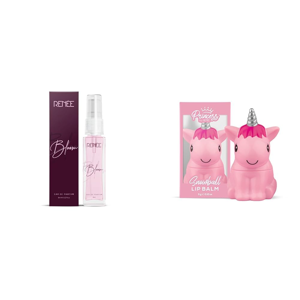 RENEE Unisex Adult Sandalwood Spray Eau De Parfum Bloom 8Ml, Premium Long Lasting Luxury Spray Perfume Scent For All Occasions & Princess Snowball Lip Balm 3Gm For Pre-Teen Girls | Color - Pink