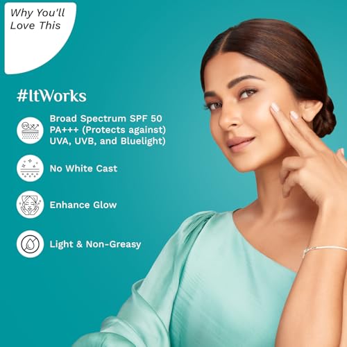 Pilgrim 2% Niacinamide Glow Sunscreen SPF 50 +++ for men and women with Spanish Squalane | Enhances Glow, Broad spectrum, Non-greasy, No white cast & Prevents Tanning | All skin types | 50 gm
