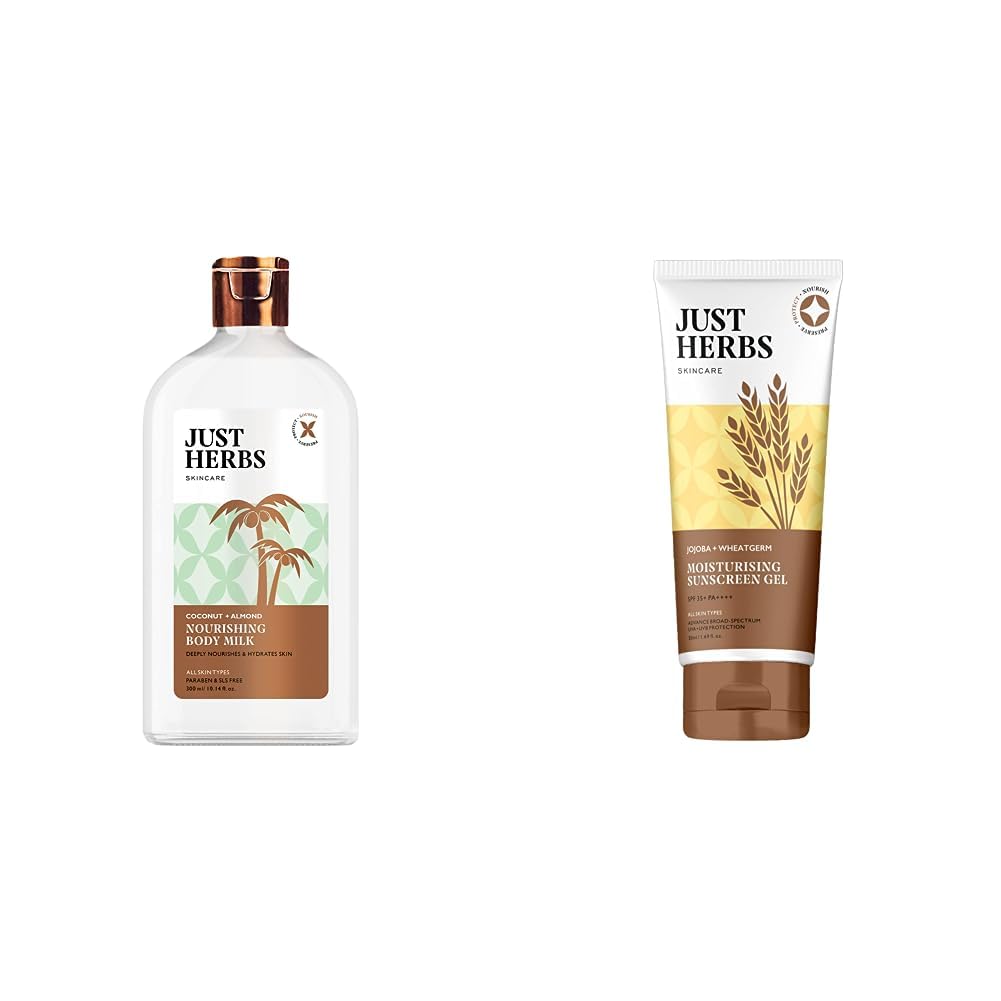 Just Herbs Body Lotion For Dry Normal & Combination Skin Nourishing Body Milk With Coconut + Almond - 300ml & Just Herbs SPF 35+ Nosun Sunscreen Gel, Lightweight, Broad Spectrum PA 35++++- 50ml Combo