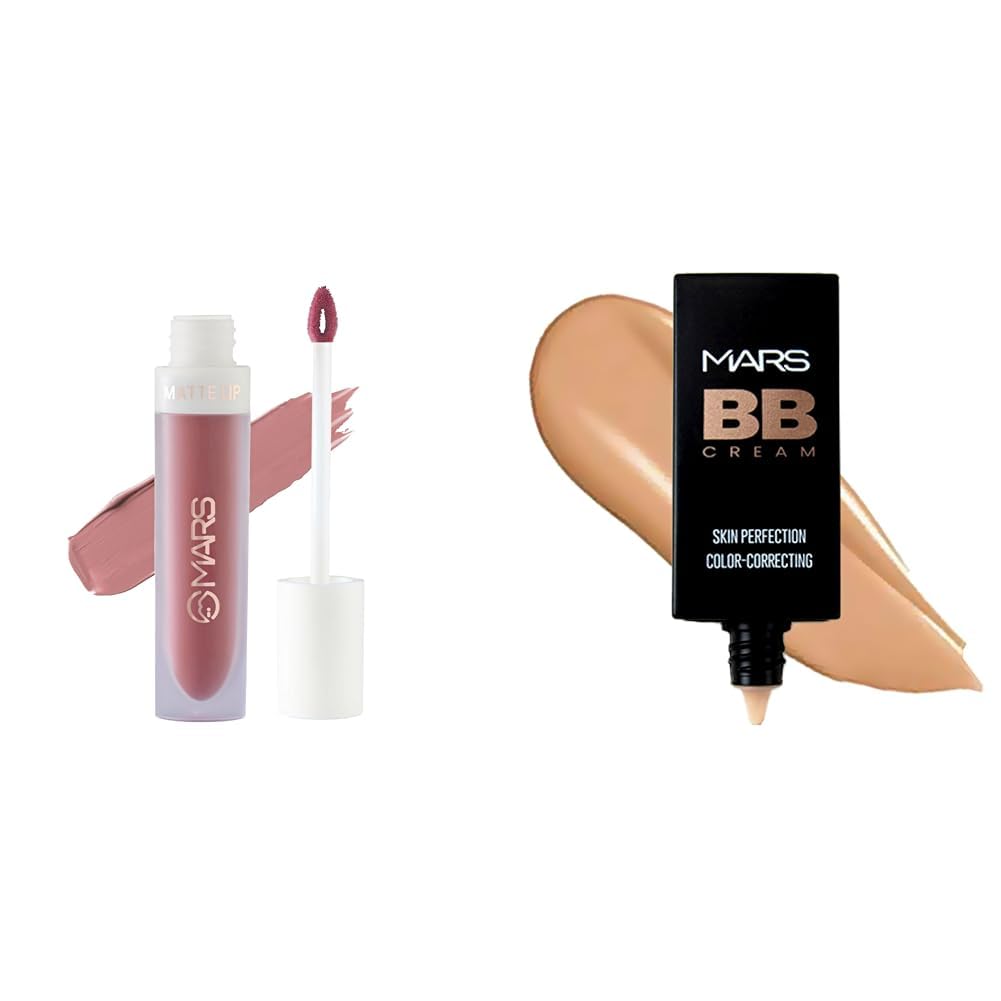 MARS Matte Liquid Lip Color | Long Lasting | Non-Transfer & Waterproof Lipstick for Women (4.5 ml) (03-Blow a Kiss) BB Cream Lightweight Foundation (30 ml) (Tan)