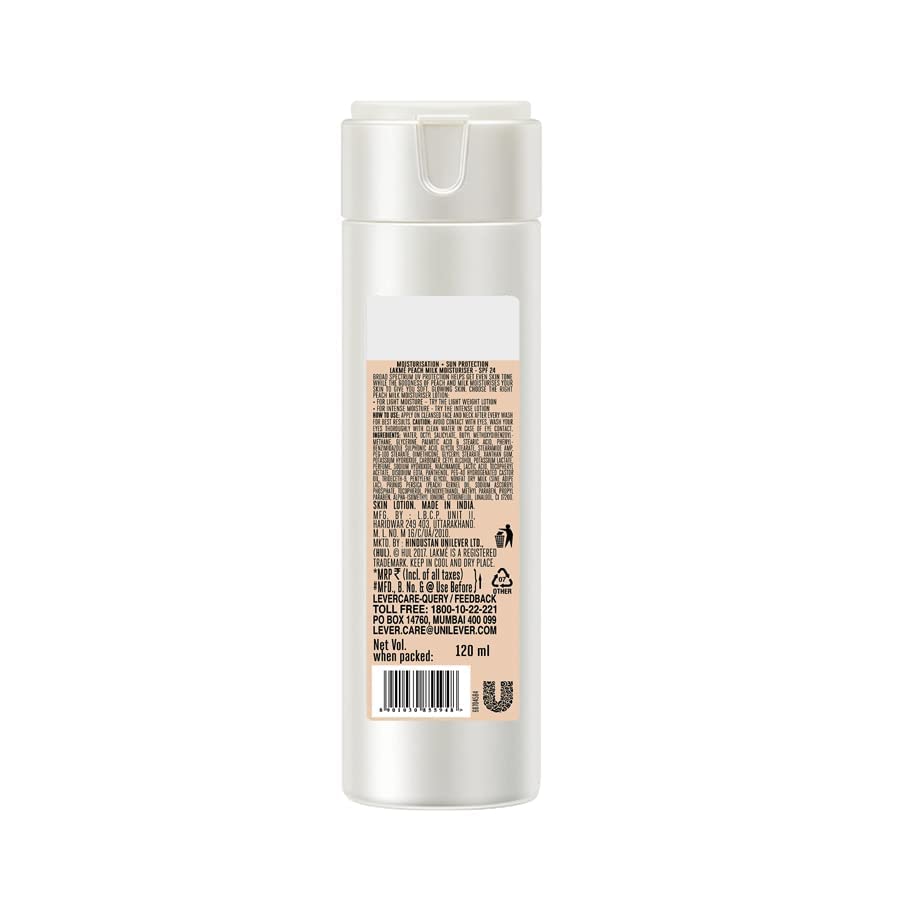 LAKMÉ Peach Milk Face Moisturizer SPF 24 PA++ 120ml, Daily Light Sunscreen Lotion With Vitamin C For Glowing Skin, Sun Protection For Women Of Oily Skin (Pack Of 2)