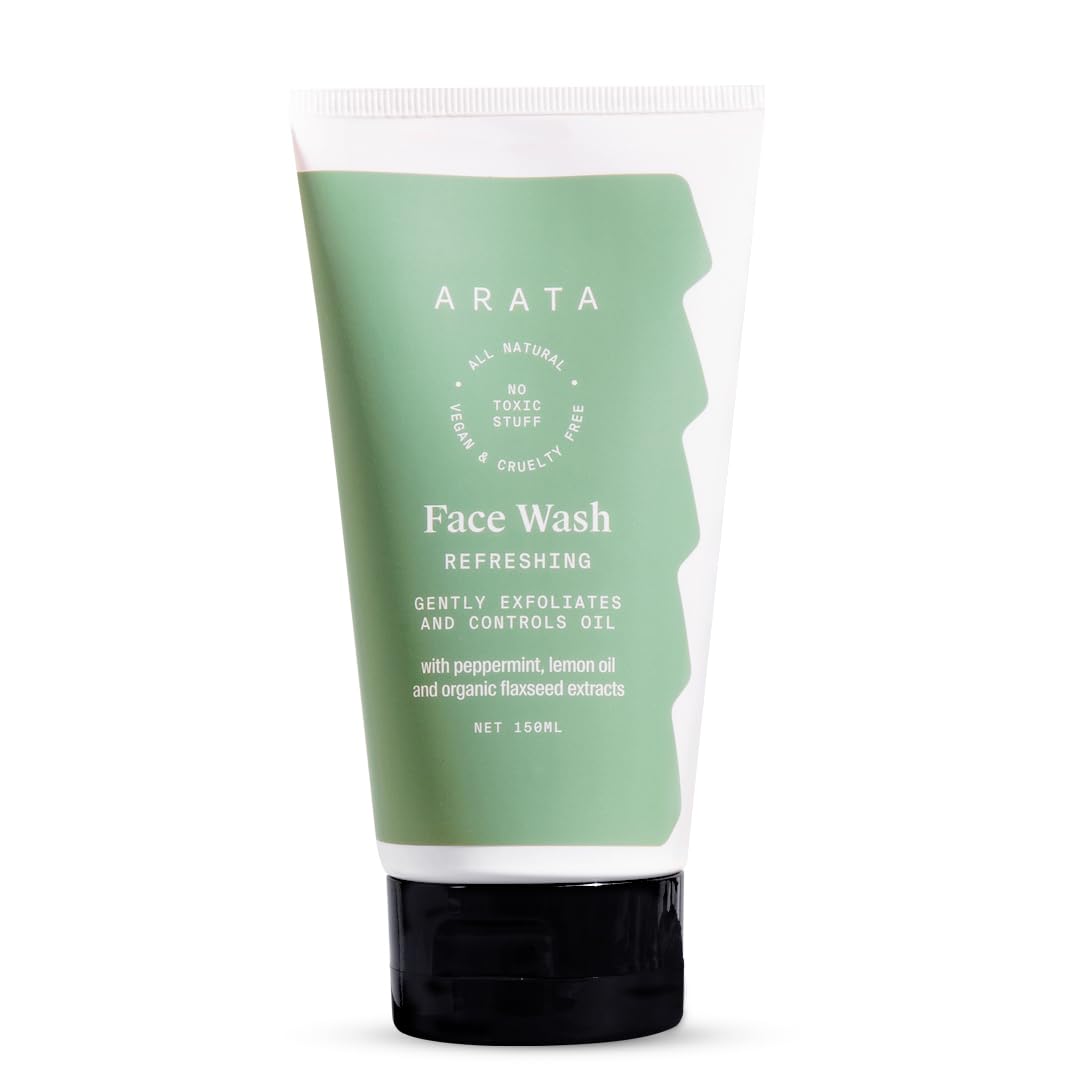 Arata Refreshing & Hydrating Face Wash 150ml | With Peppermint, Lemon Oil & Flax Seed Extracts | For Dry, Oily, Sensitive Skin | Detoxifies, Gently Exfoliates, Controls Oil and Dirt | For Women & Men