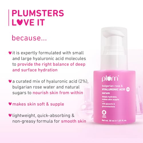 Plum 2% Hyaluronic Acid Serum with Bulgarian Rose (30 ml) | Instant Hydration for Plump & Bouncy Skin | Daily Use Face Serum| For All Skin Types | Fragrance-Free