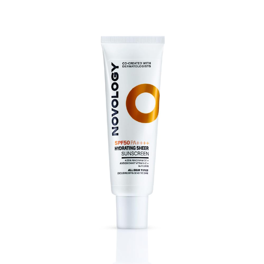 Novology SPF 50 PA++++ Hydrating Sheer Sunscreen With Niacinamide for Dry Skin| No White Cast, Non Sticky | 50 g