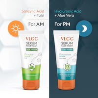 VLCC Salicylic Acid & Tulsi Serum Facewash - 150 ml to Fights Acne Scars for AM | with Free Hyaluronic Acid & Aloe Vera Serum Facewash - 150 ml to Strengthen Skin Barrier for PM (B1G1)