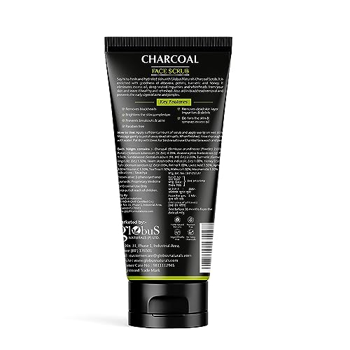 Globus Naturals Anti Pollution & Anti Acne Charcoal Face Scrub, Detox & Deep Cleanse Formula, Fights Pollution and De-Tans skin, For Men with Oily & Acne Prone Skin, 100 gms