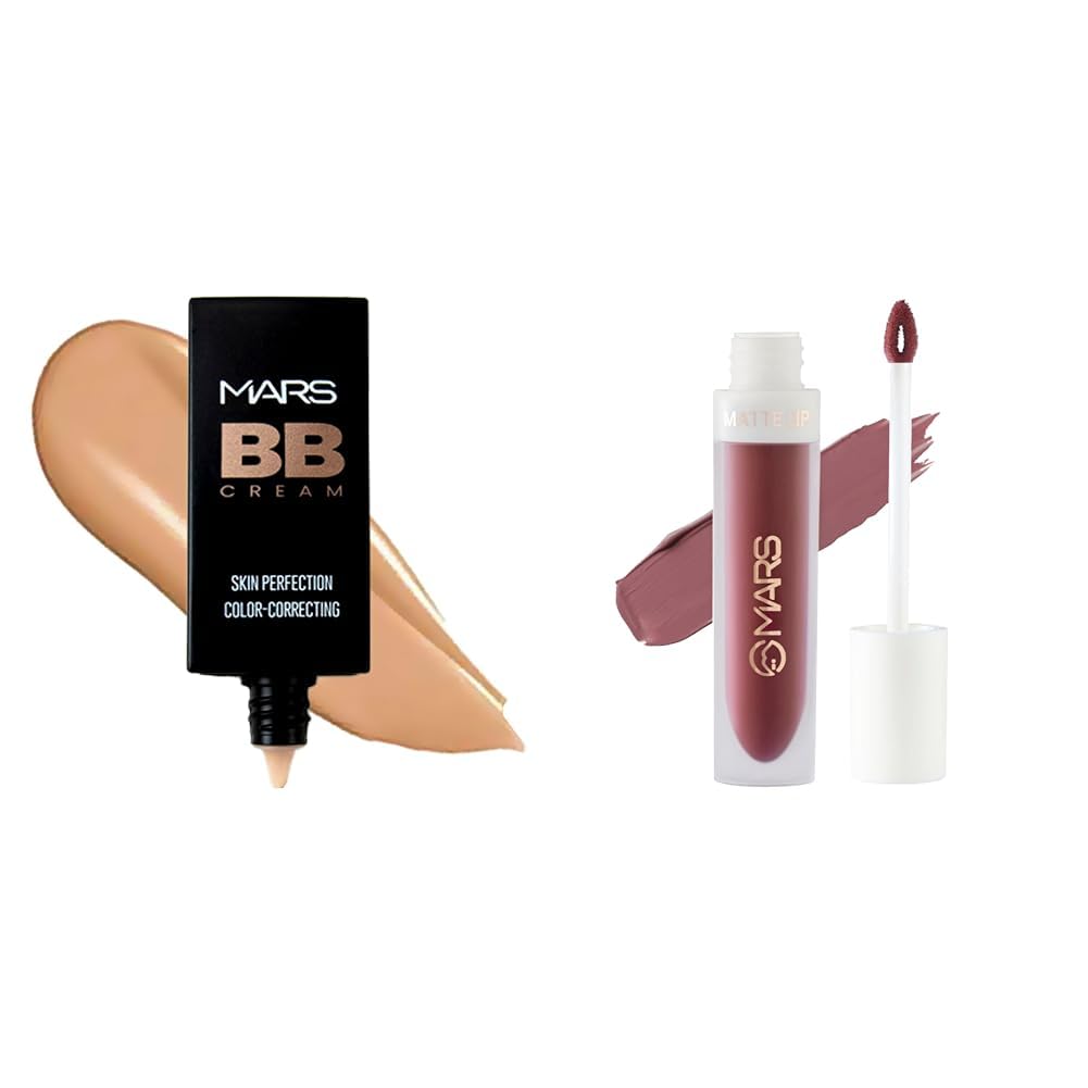 MARS BB Cream Lightweight Foundation | Blendable BB Cream for Women(30 ml) (Tan) Matte Liquid Lip Color | Long Lasting | Non-Transfer & Waterproof Lipstick for Women (4.5 ml) (08-Trend Train)